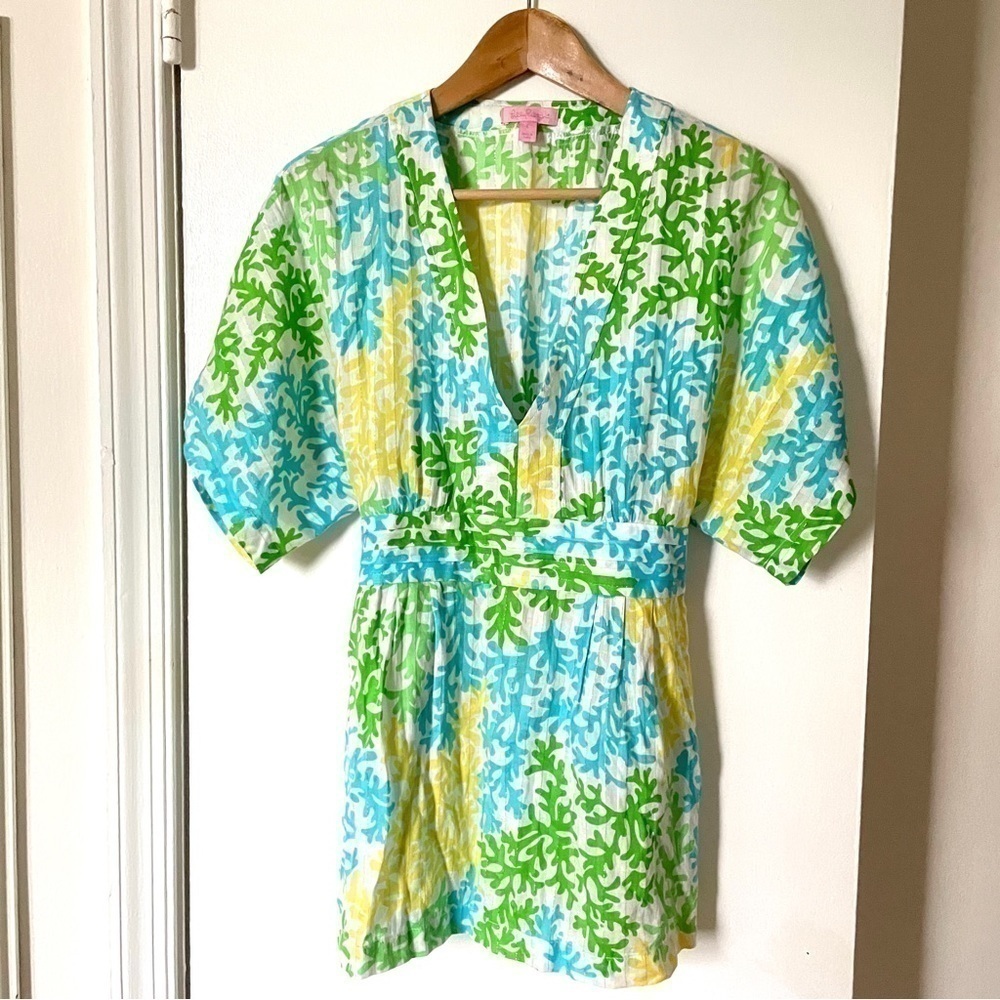 Lilly Pulitzer coral print v-neck kimono tunic top waist-tie coverup Small